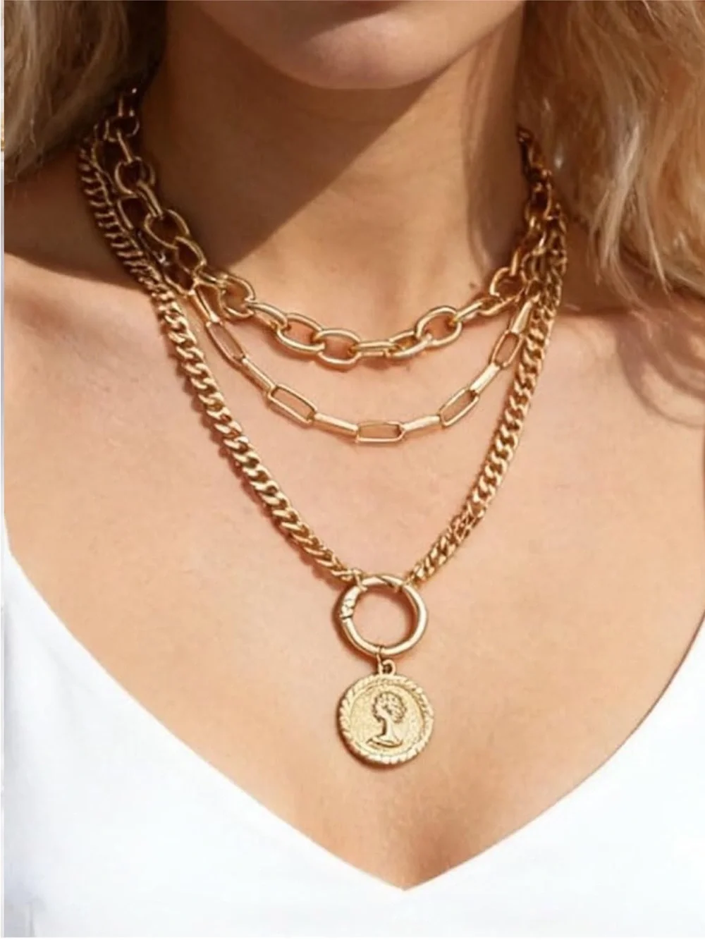 New 24k Gold Plated Layered Coin Pendant Necklace